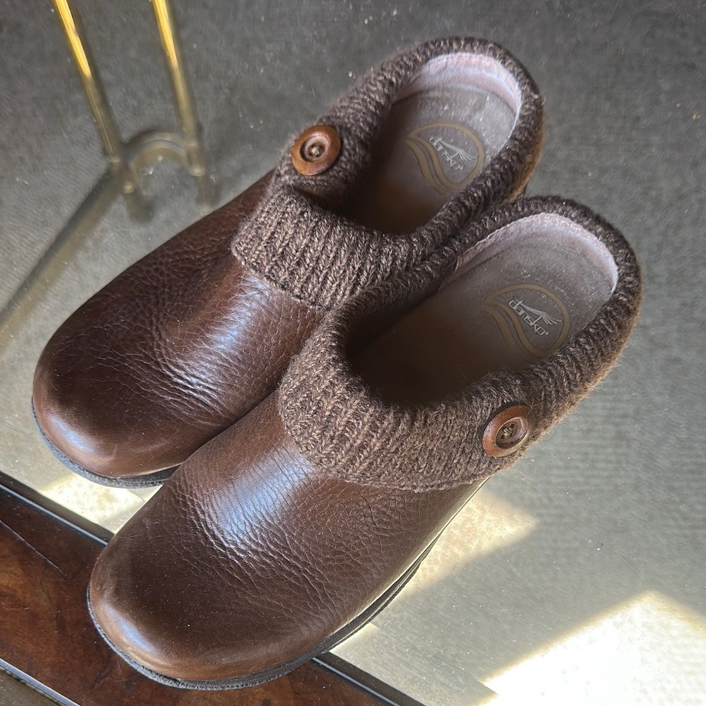 Dansko Brown Leather Clogs with Knit Trim